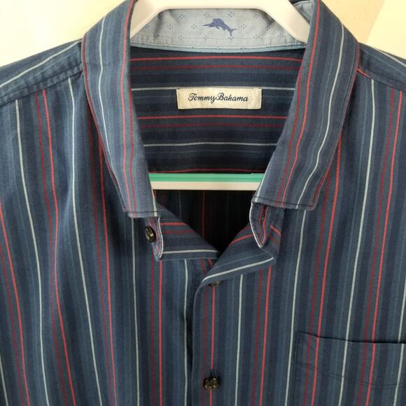 Tommy Bahama Blue Red Striped Men's Button Down Shirt Silk Blend Excellent XL - Picture 2 of 6